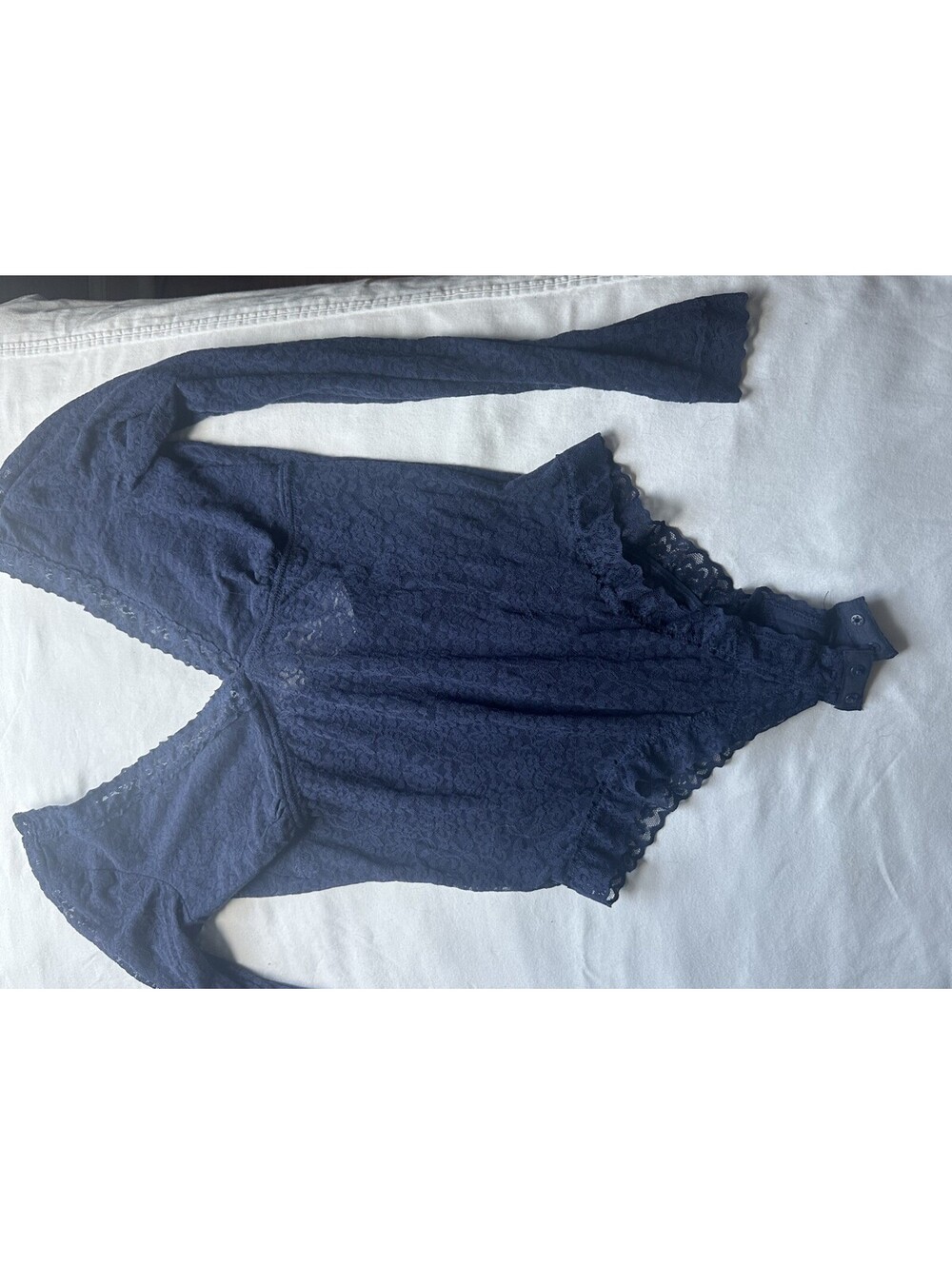 Aerie Navy Blue Lace Long Sleeve Plunge V Bodysuit (Size L)